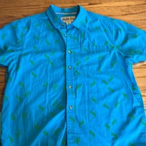 Iron Co men’s shirt teal blue with green lizards
